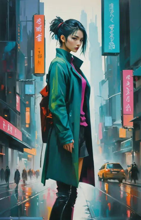 triadic colors, digital painting break bright and colorful makino painting of a cyberpunk metropolis, cinematic oil painting <lo...