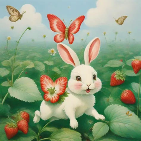 cartoon bunny chasing butterfly in the strawberry field, dramatic oil painting in style of Makino Tomitaro <lora:makinoStyle_v10:1>