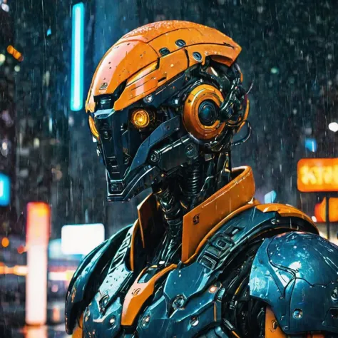 a close up photo of a solo, orange robot soldier, blue glowing eyes and wearing robotic armor, futuristic  cyberpunk city in bac...