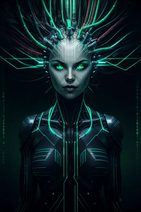 <lora:shodan-10:0.7>, shodanSS_soul3142, 1girl,  glowing eyes, green theme, tube in head, cables, neon, science fiction, circuit...