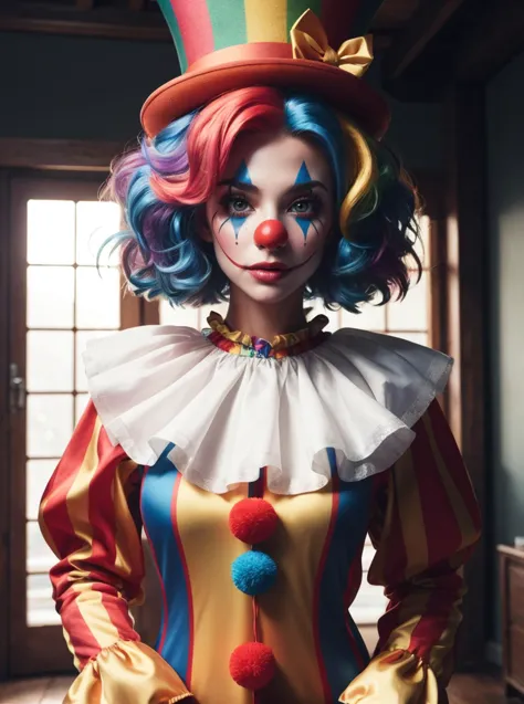 RAW photo, portrait, 1girl, amazing body, classic clown costume, red nose, rainbow wig, complex room background <lora:ClownFashion2:0.5> ClownFashion, 8k uhd, dslr, soft lighting, high quality, film grain, Fujifilm XT3, (intricate details:0.9), (hdr, hyperdetailed:1.2)