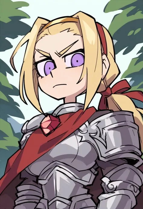 a cartoon drawing of a woman in armor with purple eyes