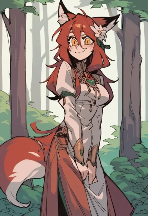 a woman in a red dress and a fox headband standing in the woods