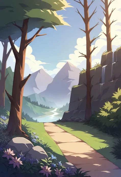 a cartoon style illustration of a path through a forest