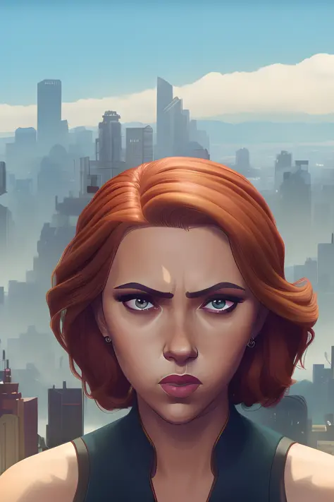 a close up photoraph of scarlett johansson whit a city landscape background, [[leaguofstyle}}