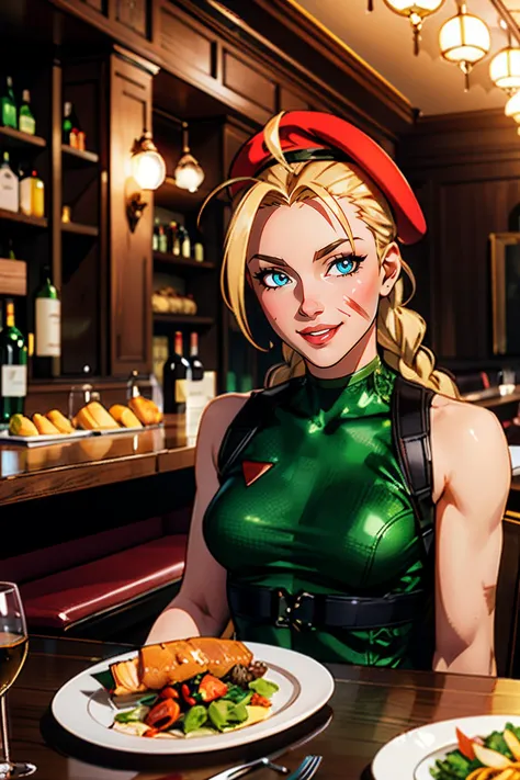 Cammy, red beret, blonde hair, twin braids, ahoge, facial scar, harness, green leotard,  looking at viewer, smiling, sitting, in...