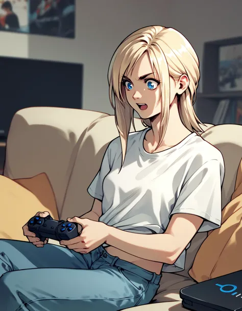 blond woman sitting on a couch holding a game controller