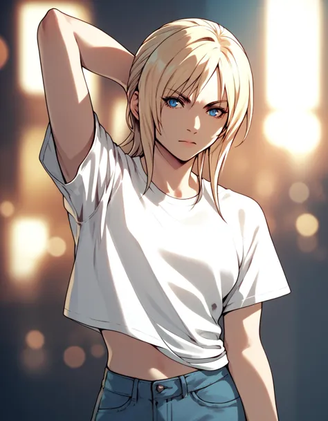 a woman with blonde hair and blue eyes in a white shirt