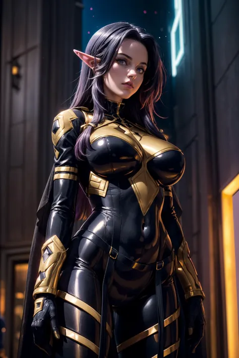 (ultra realistic,32k, masterpiece:1.2),(high detailed skin:1.1),( high quality:1.1),
<lora:gamma-nvwls-v1:0.8>gamma,elven ears,  black bodysuit, bodystocking, black pants, black gloves, gold trim,(looking at viewer, standing from below:1.1),, huge breast,large breast,,<lora:add_detail:0.82>,
(neon pastel light:1.1), twilight veil, merging realms, twilight hues, meeting point of light and darkness, blurry background,