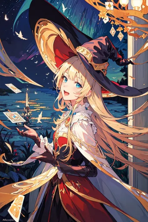 ((masterpiece:1.2, best quality)), 1girl, solo, (witch hat), blonde hair, long hair, dress, aurora, night, star (sky), gloves, s...