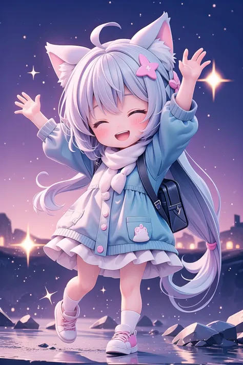 a cartoon girl with a cat ears and a blue dress