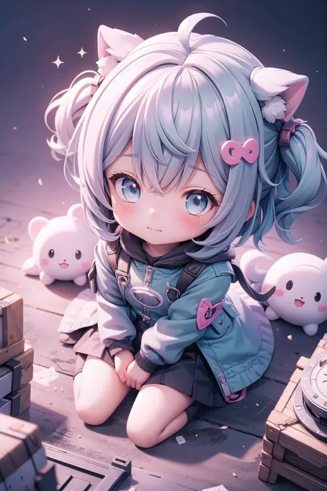 anime girl sitting on the ground with stuffed animals