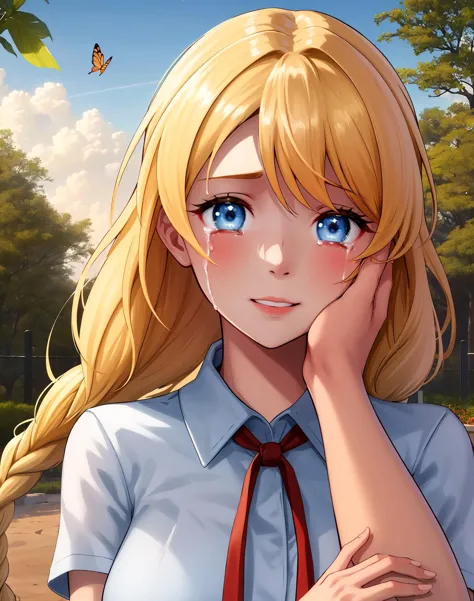 anime girl with blonde hair and blue eyes wearing a tie