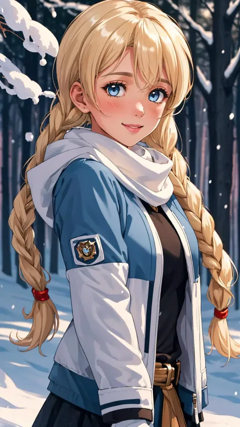 a woman with long blonde hair and blue eyes standing in the snow