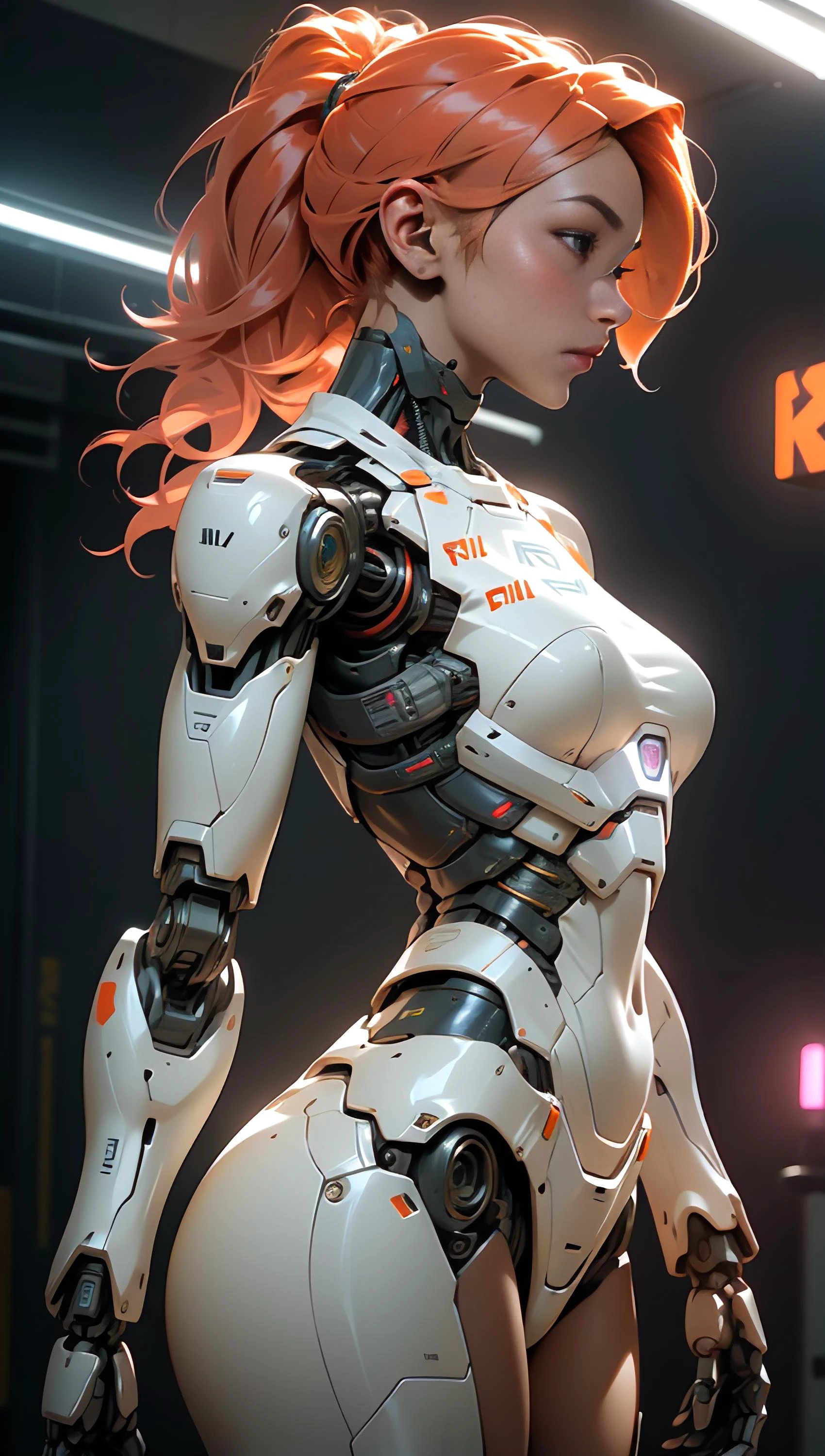 female,robot ,female,robot cyborg mech, peach hair, cyberpunk:0.35, perfect lighting, perfect shading, detailed, intricate, (perfect body), beautiful face, flowing hair, ((full torso)), photorealistic:1.35, mature adult:1.4,