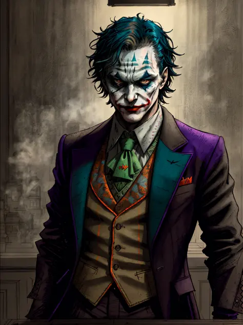 A Joker\(Joker 2019\) ,epic, realistic, faded, neutral colors, ((((hdr)))), ((((muted colors)))), intricate scene, artstation, hyperdetailed, cinematic shot, warm lights, dramatic light, intricate details, vignette, complex background, [[teal and orange]],...