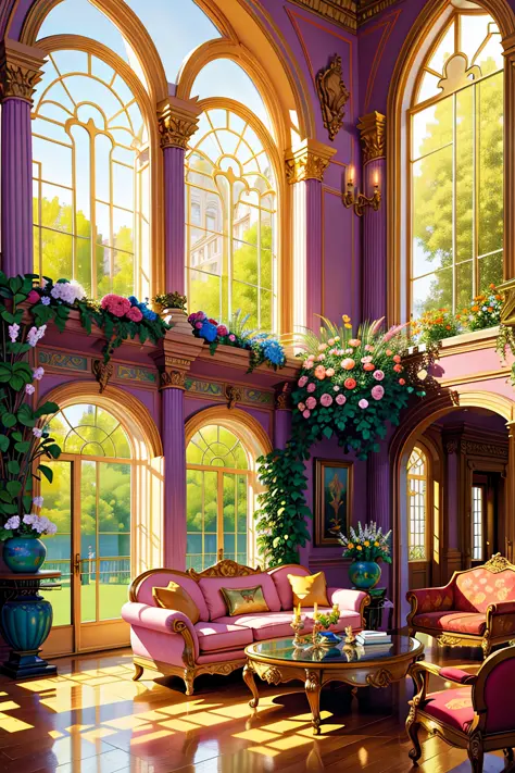 (Comic Style:0.77), (Line Art:0.77), Architectural digest photo of a maximalist green solar living room with lots of flowers and plants, golden light, hyperrealistic surrealism, award winning masterpiece with incredible details, epic stunning pale pink sur...