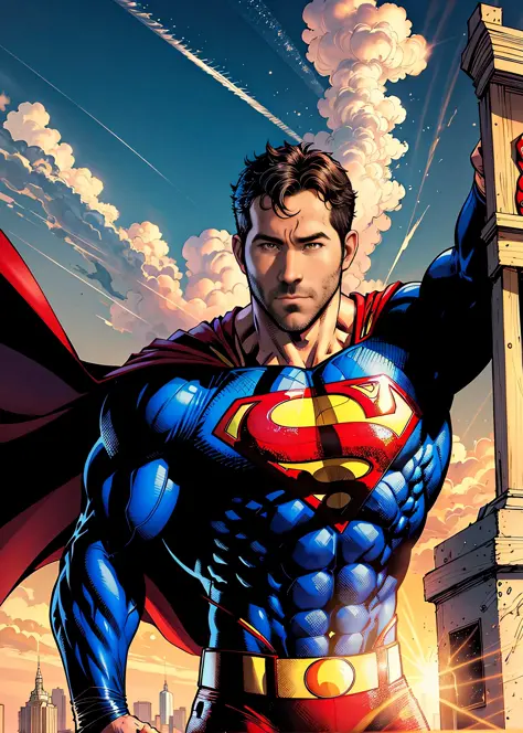(Ryan Reynolds as Superman), (Art by Jim Lee) magnificent sky background, dramatic, gorgeous, award winning, masterpiece,