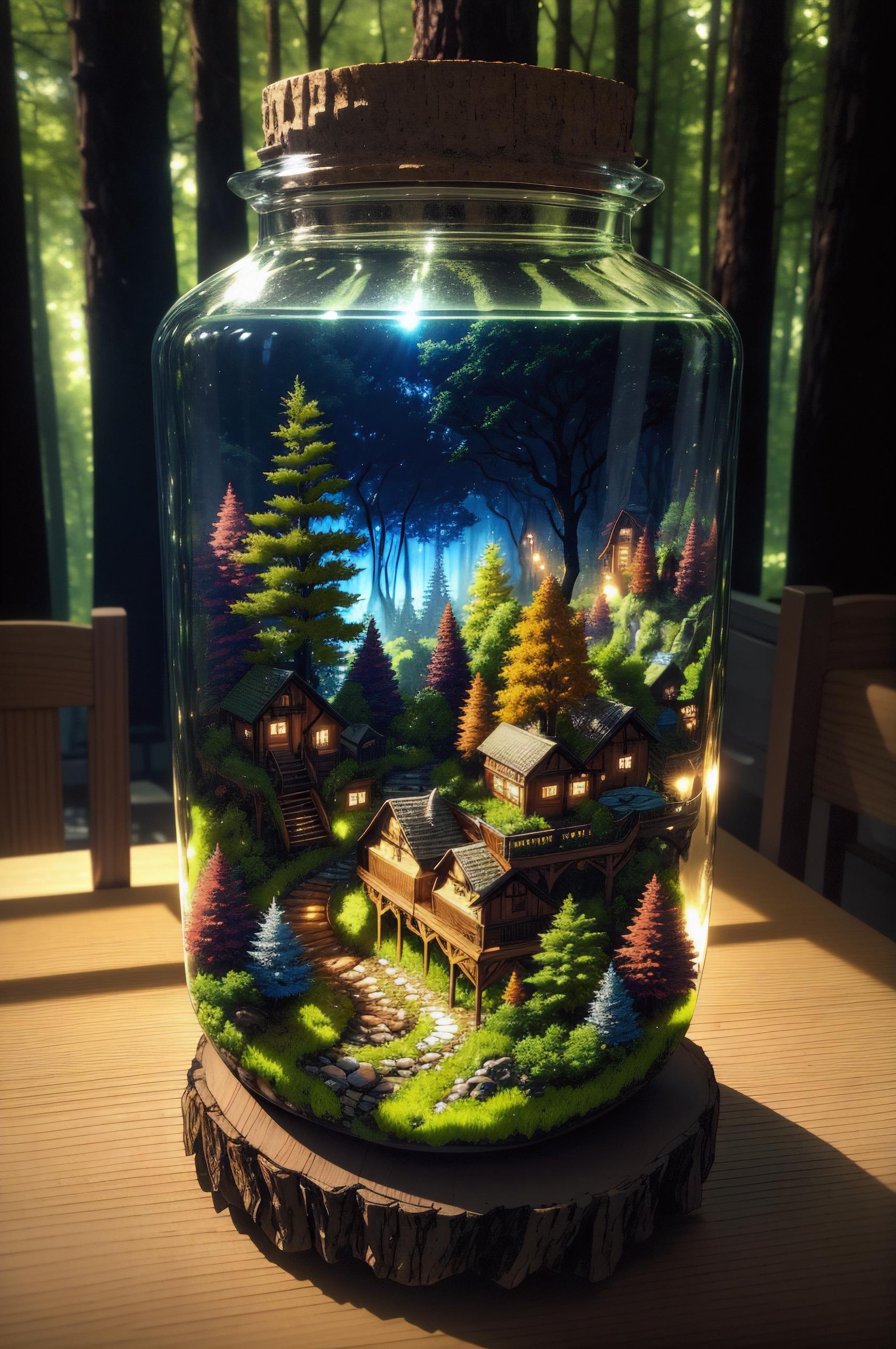 (An intricate forest minitown landscape trapped in a bottle