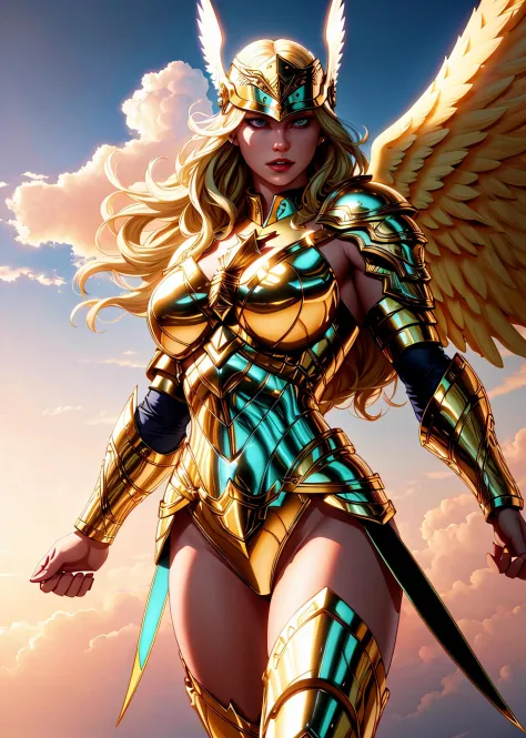 1girl, (realistic:0.75), (line art:0.6), cowboy shot of beautiful valkyrie, (gold (((engraved))) armor:0.33), athletic, (muscular), (open face helmet), pale skin, (large angel wings:1.2), (long blonde flowing hair), regal glowing eyes, sky, beautiful cloud...