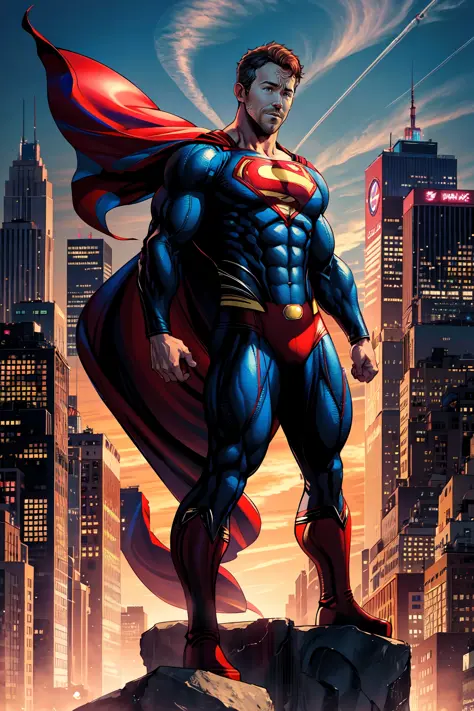(full body), ((Ryan Reynolds as Superman)), (Art by Jim Lee) magnificent sky background, standing in front of  NYC skyline, dramatic, gorgeous, good anatomy, good proportions, hero pose, award winning, masterpiece, ((empty hands)), centered, realistic:1.3,