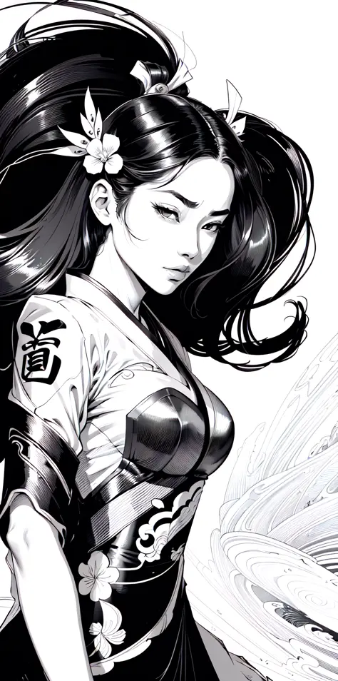 (comic style), (line art:1.5), (1girl:1.3), ((black and white)), hanfu, geisha, ((zen)), (masterpiece, top quality, best quality), extreme detailed background, good composition, good anatomy, perfect lighting, good shading, zen calligraphy, (realistic:1.3)...