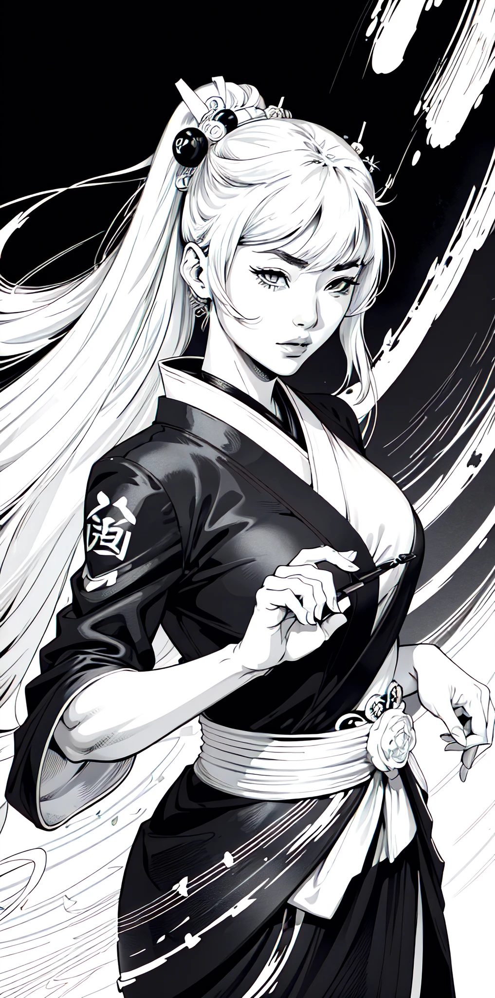 (comic style), (colored line art:1.5), (1girl:1.3), ((black and white)), hanfu, geisha, ((zen)), (masterpiece, top quality, best quality), extreme detailed background, good composition, good anatomy, perfect lighting, good shading, zen calligraphy, (realistic:1.3),