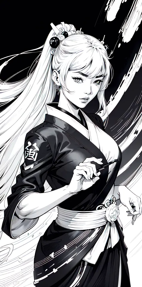 (comic style), (colored line art:1.5), (1girl:1.3), ((black and white)), hanfu, geisha, ((zen)), (masterpiece, top quality, best quality), extreme detailed background, good composition, good anatomy, perfect lighting, good shading, zen calligraphy, (realis...