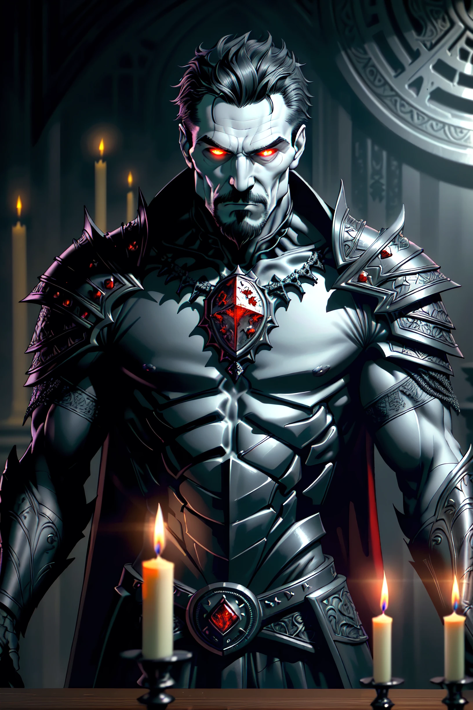 (full torso), analog style, realistic, ((intricate details)), full torso shot, cold lighting, handsome, (pale gothic evil king), (male:2.0), (black hair), (intricate), ((engraved skeletal armor)), (intricate sharp obsidian crown), dynamic pose, windblown hair, perfect face, (realistic eyes), round iris, (((red eyes))), perfect eyes, intricate, complex, Helios 44-2, ((dark gothic background)), (candle lit), swirly bokeh, trending on artstation, sharp focus, studio photo, intricate details, highly detailed, sharp, dnd character, ((oil on canvas)), perfect lighting, Masterpiece, detailed background, art by artgerm and greg rutkowski, cinematic lighting, 8k, goatee,
