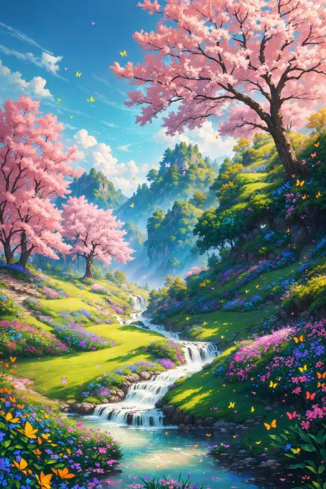 masterpiece, best quality, high quality, extremely detailed cg unity 8k wallpaper, an extremely colorful and purely fantasy environment with vibrant hues and a bright sky, landscape of bright green grass, colorful trees, glittering fruits, and bright blue ...