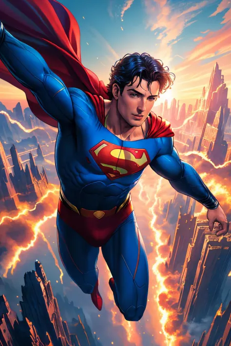 masterpiece, best quality, high quality, extremely detailed cg unity 8k wallpaper, an extremely colorful and purely fantasy environment, old superman flying in the skies