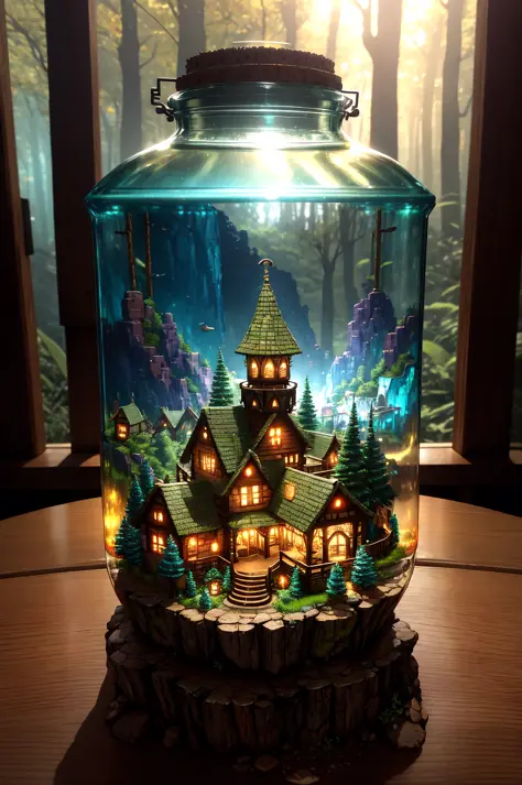 (concept art), (An intricate forest minitown, village, landscape trapped in a bottle), biome, thick glass, weathered, atmospheric oliva lighting, on the  table, 4k UHD, dark vibes, hyper detailed, vibrant colours, epic composition, octane render, sharp foc...
