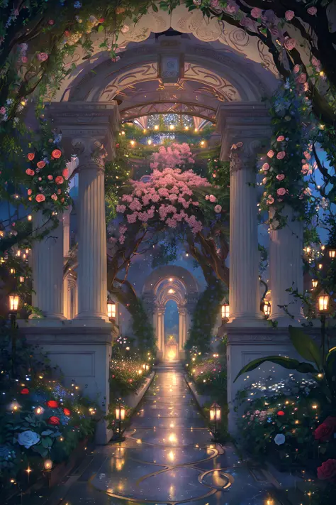(Illustration:1.3), (secret garden), lush, floral, rose, (botanical), romanticism, moody, space, stars, nebula, beautiful clouds...