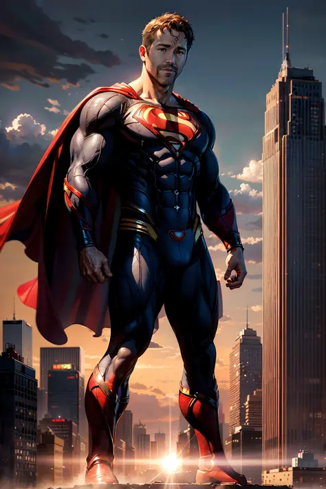 (full body), (Ryan Reynolds as Superman:1.25), (red cape), (((solo))), (Art by Jim Lee, & Zack Snyder) magnificent sky background, standing in front of  NYC skyline, dramatic, gorgeous, good anatomy, good proportions, hero pose, award winning, masterpiece,...