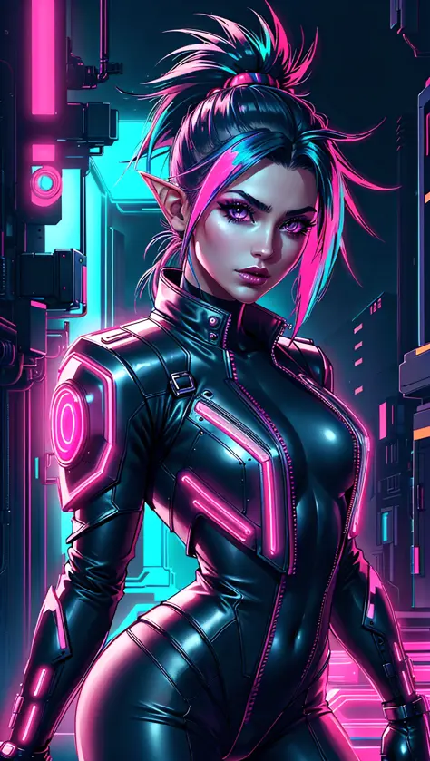 <lora:CyberPunkAI:0.6> CyberpunkAI, neon, 1girl, elf, neon hair, neon eyes, ponytail hairstyle, black leather jacket
