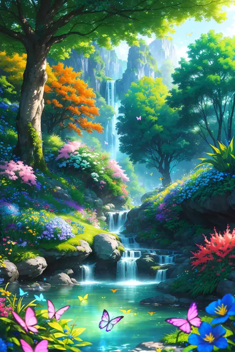 masterpiece, best quality, high quality, extremely detailed cg unity 8k wallpaper, )an extremely colorful and purely fantasy environment with vibrant hues and a bright sky), landscape of bright green grass, colorful trees, glittering fruits, and bright blu...