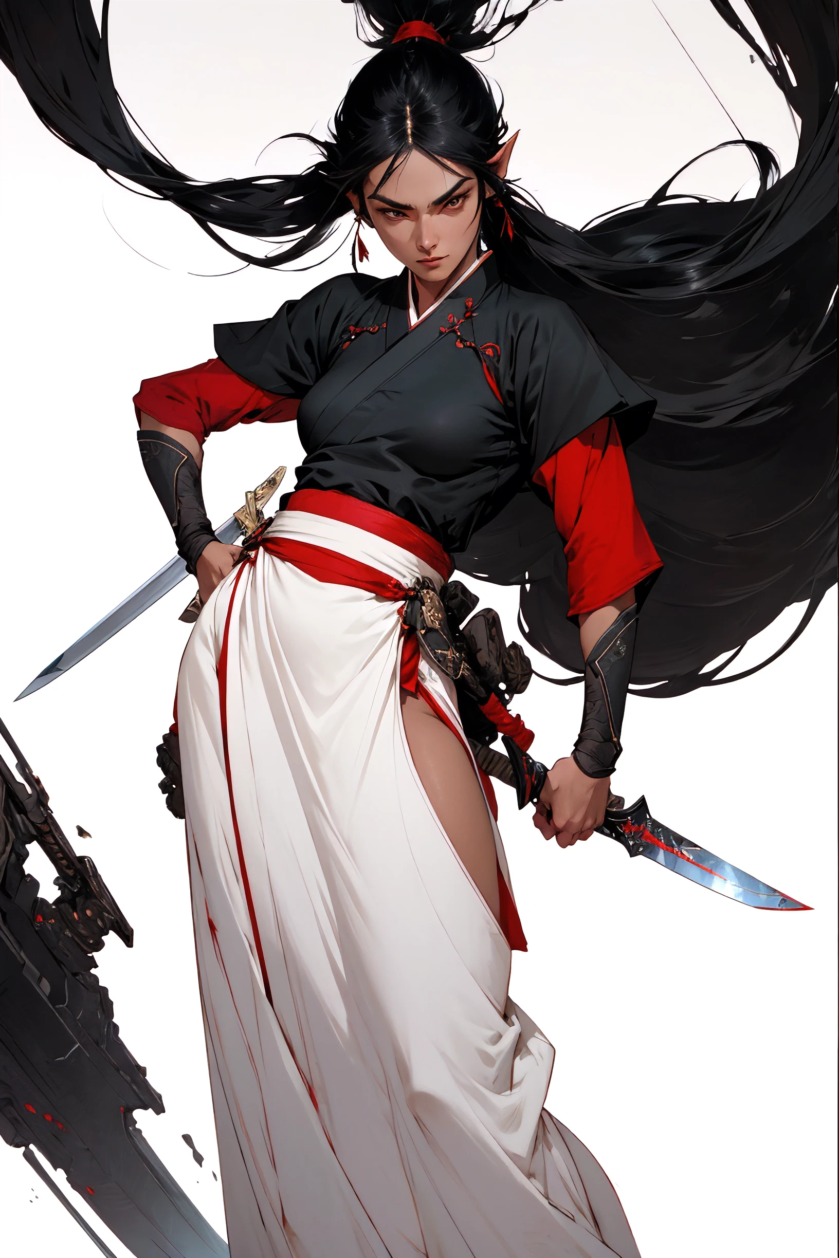 Best quality,masterpiece,ultra high res,(photorealistic:1.5)1woman,weapon,sword,long hair,black hair,ponytail,pointy ears,dark skin,large breasts,white background,solo,blood,arm guards,night jungle,blood on weapon,looking at viewer,blue eyes,tabi,floating hairfull body,upper body,jumper,hands on hips, perfect lighting, perfect shading, dynamic pose, cinematic, (hanfu:1.2),(japanese armor),(flat color:1.25), (mature adult:1.4), stylistic splash background