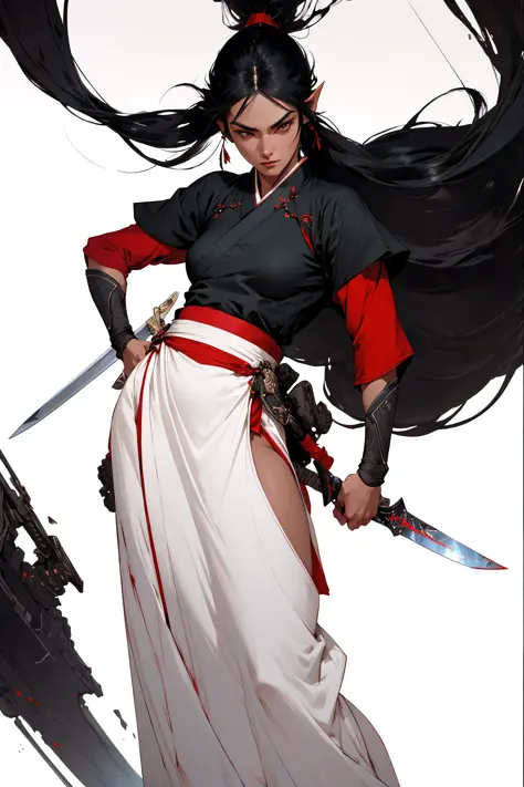 Best quality,masterpiece,ultra high res,(photorealistic:1.5)1woman,weapon,sword,long hair,black hair,ponytail,pointy ears,dark skin,large breasts,white background,solo,blood,arm guards,night jungle,blood on weapon,looking at viewer,blue eyes,tabi,floating ...