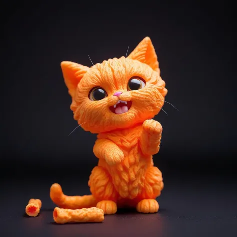 Food photography style cute chibi cat made from cheeto <lora:Style_soph-Cheetos-SDXL:0.8> standing, begging for snack, being han...