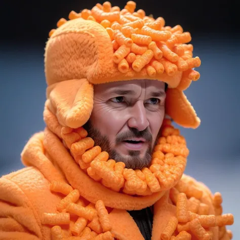 ushanka made from cheetos <lora:Style_soph-Cheetos-SDXL:0.7> standing, runway, action shot, close-up, macro lens