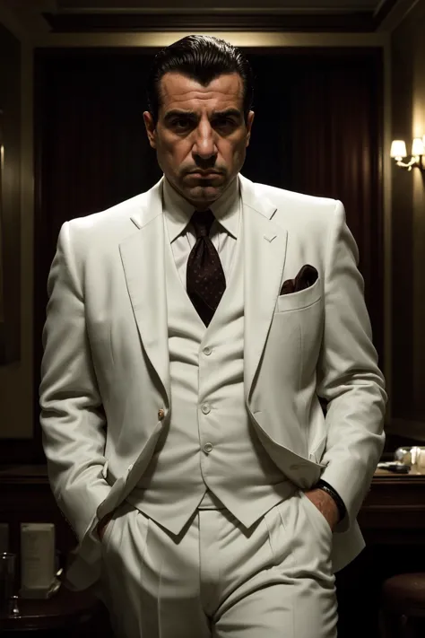 arafed man in a white suit and tie standing in a room