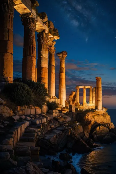 a view of the ruins of the ancient greek temple at night