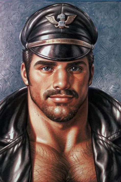 <lora:TomFin:0.8> t0f, colored pencil drawing of a man, portrait, stache with stubble, leather cap, leather jacket, shirtless, muscular, hairy, best quality