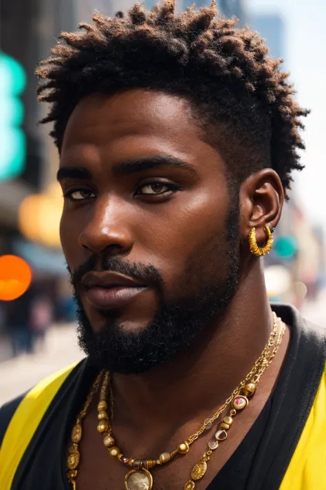 (solo, male), street photograph of, a 25yo black male, (close-up portrait), skin texture, thick lips, unkempt, beard, natural light, bokeh, neon, jewelry, (side view:0.6),