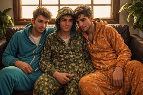 three men in pajamas sitting on a couch with a plant in the background