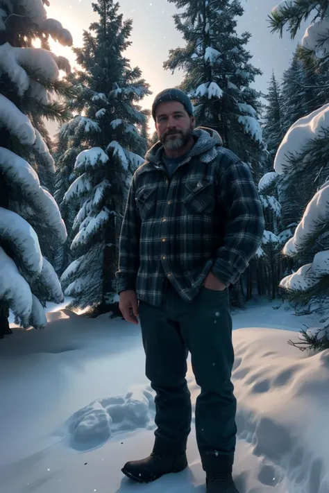 arafed man standing in the snow in front of a forest