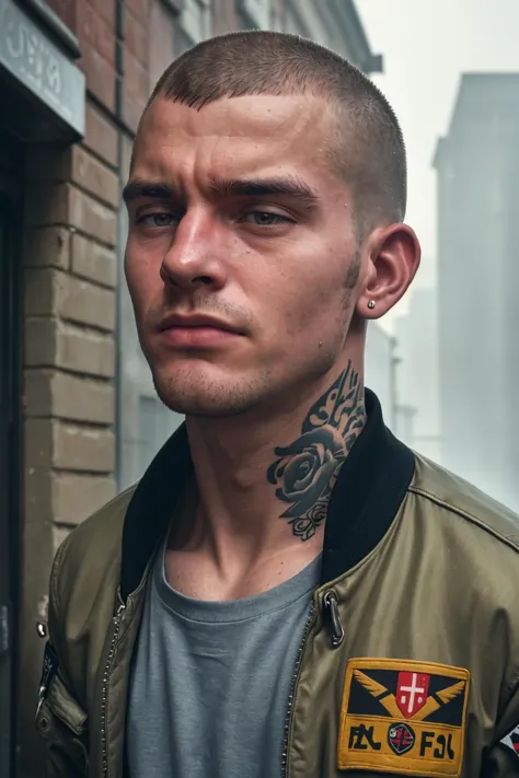 (solo, 1boy, close-up on face), ((best quality)), ((masterpiece)), candid photograph of a 25yo english skinhead, standing on a street corner, tattoo, (film photography, film grain, ultra realism, sharp focus, muted colours, extremely detailed, skin texture), 1980s, bomber jacket, fog, light rain,