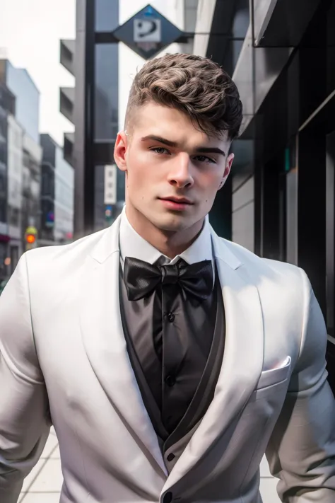 arafed man in a white suit and black bow tie standing on a city street