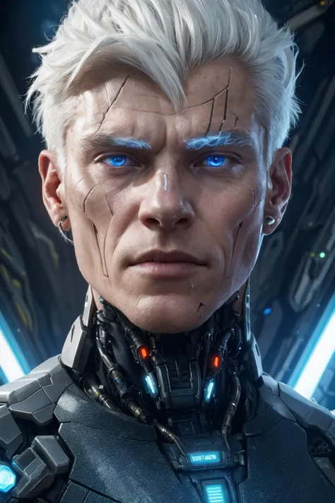 a close up of a person with white hair and blue eyes