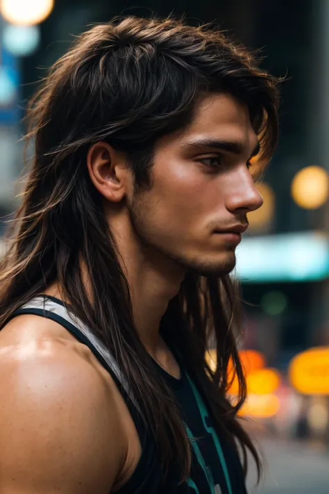 a close up of a man with long hair and a tank top